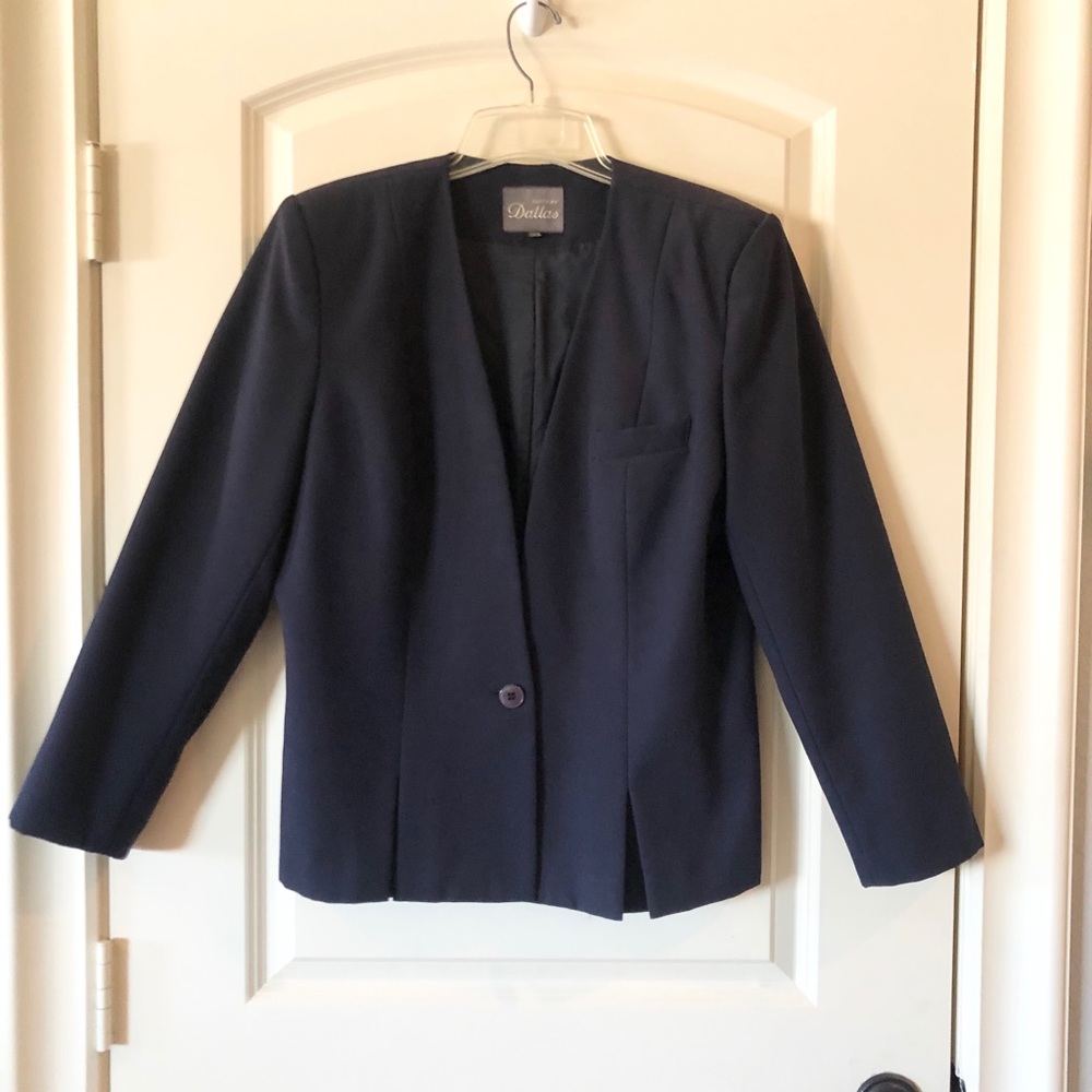 Vintage Suits by Dallas Collarless Navy Blazer Minimalist Padded Shoulder Jacket